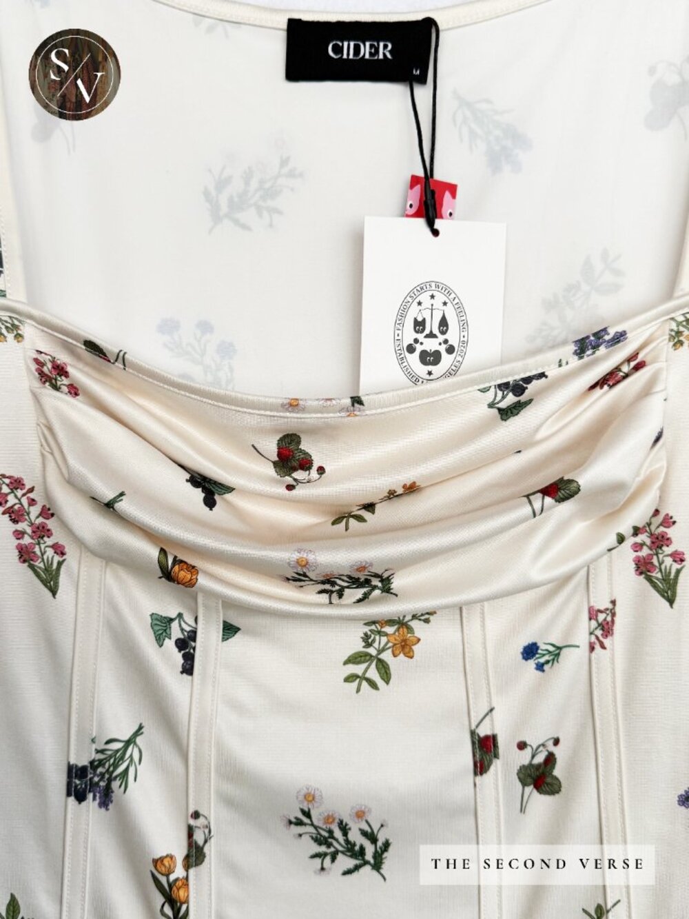 NWT Cider Long Sleeve Ruched Cottagecore Ditsy Floral Ivory Corset Bodysuit - Picture 5 of 11